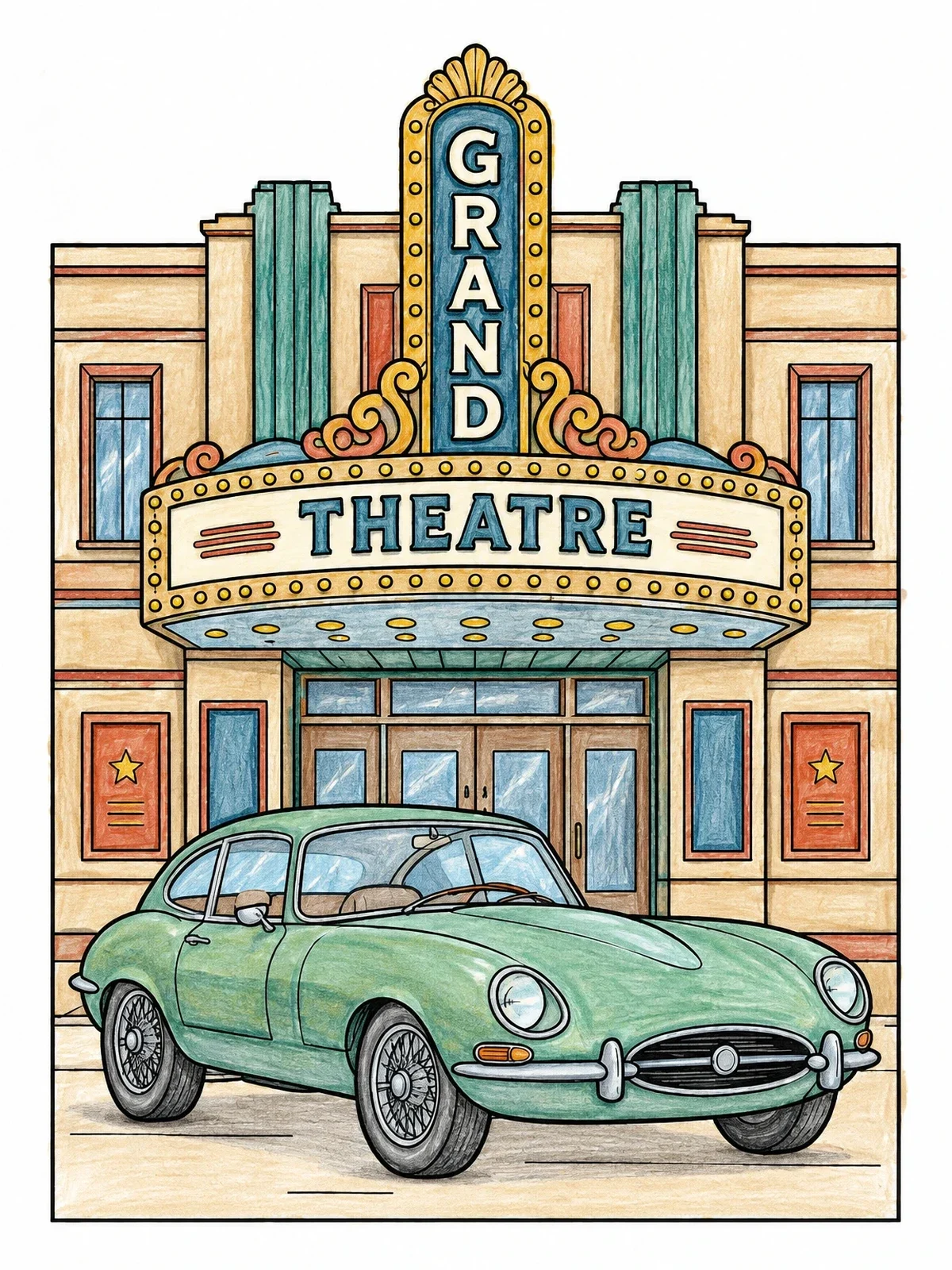 Colored example of the Vintage Coupe At The Grand Theatre coloring page