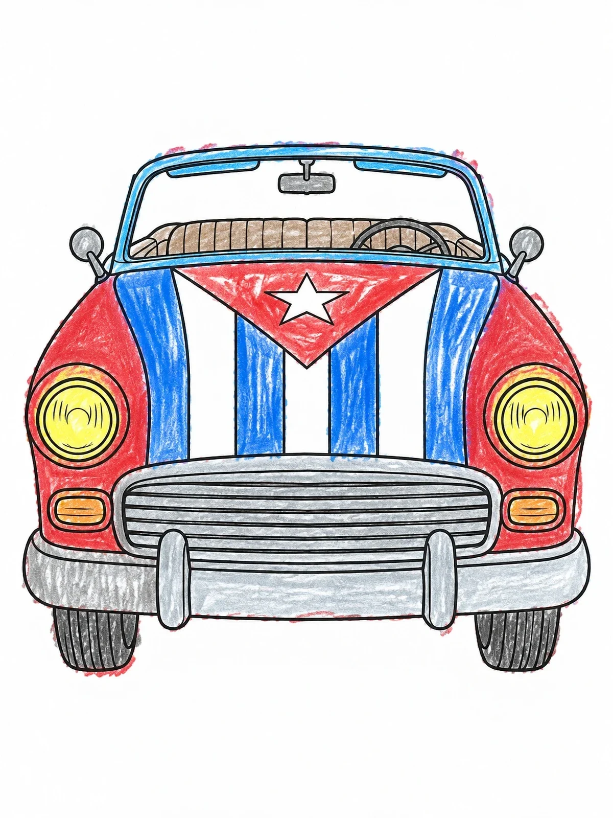 Colored example of the Vintage Cuban Car With Flag Hood coloring page
