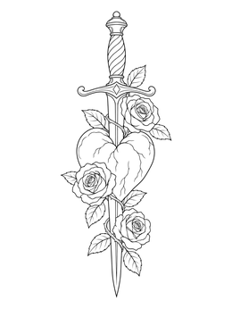 A detailed rose and heart coloring page featuring an ornate dagger piercing a heart surrounded by blooming roses.
