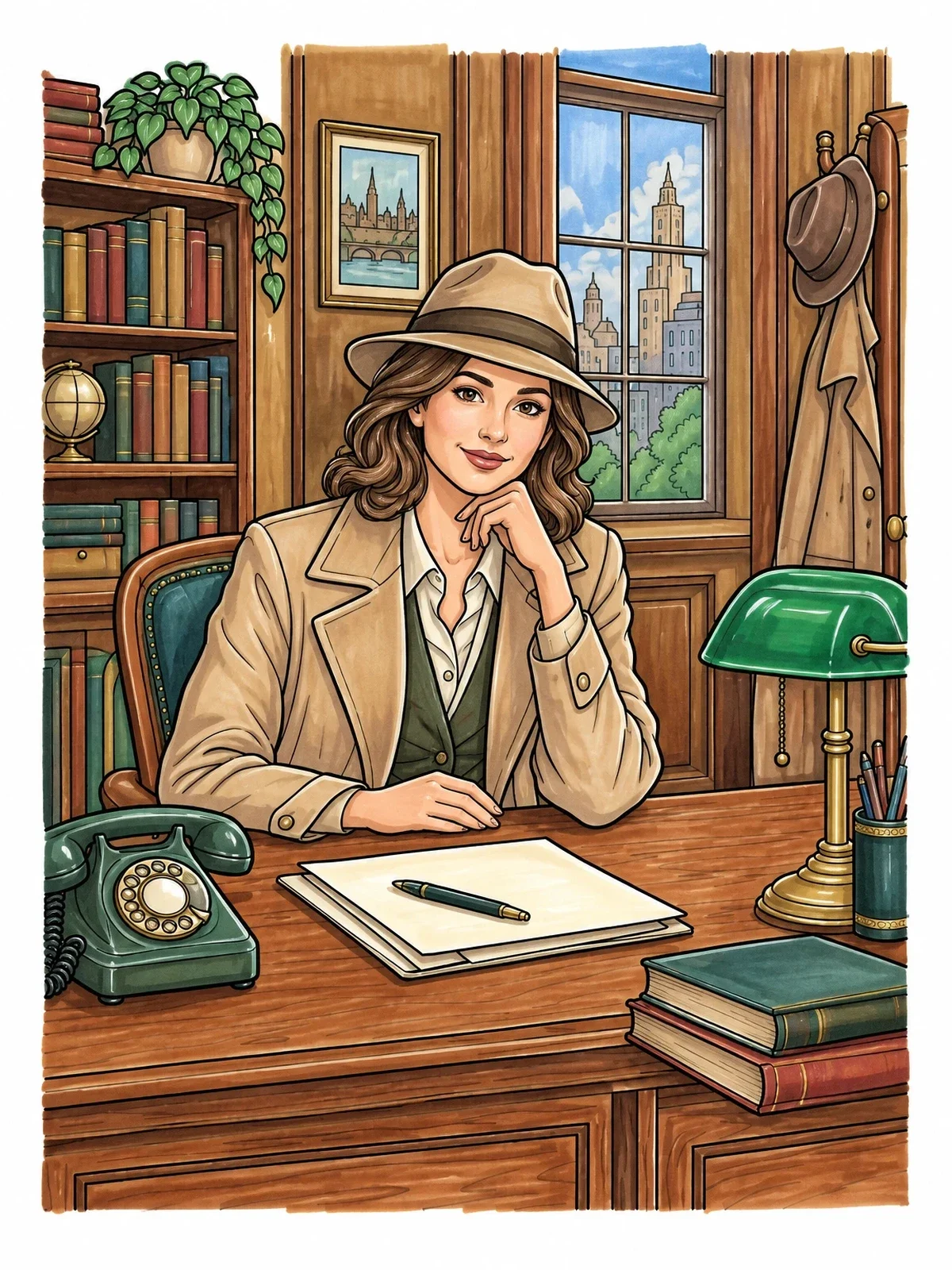 Colored example of the Vintage Detective In Cozy Office coloring page
