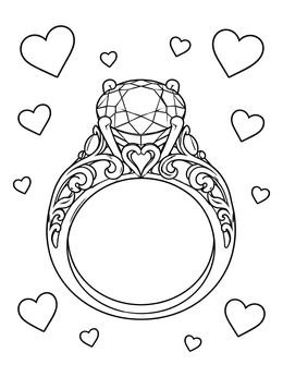 An ornate diamond ring surrounded by floating love hearts on this engagement coloring page.