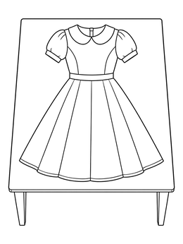 A vintage dress coloring page lying neatly flat on a wooden table.