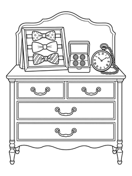 An antique dresser with accessories highlights this detailed bow coloring page.