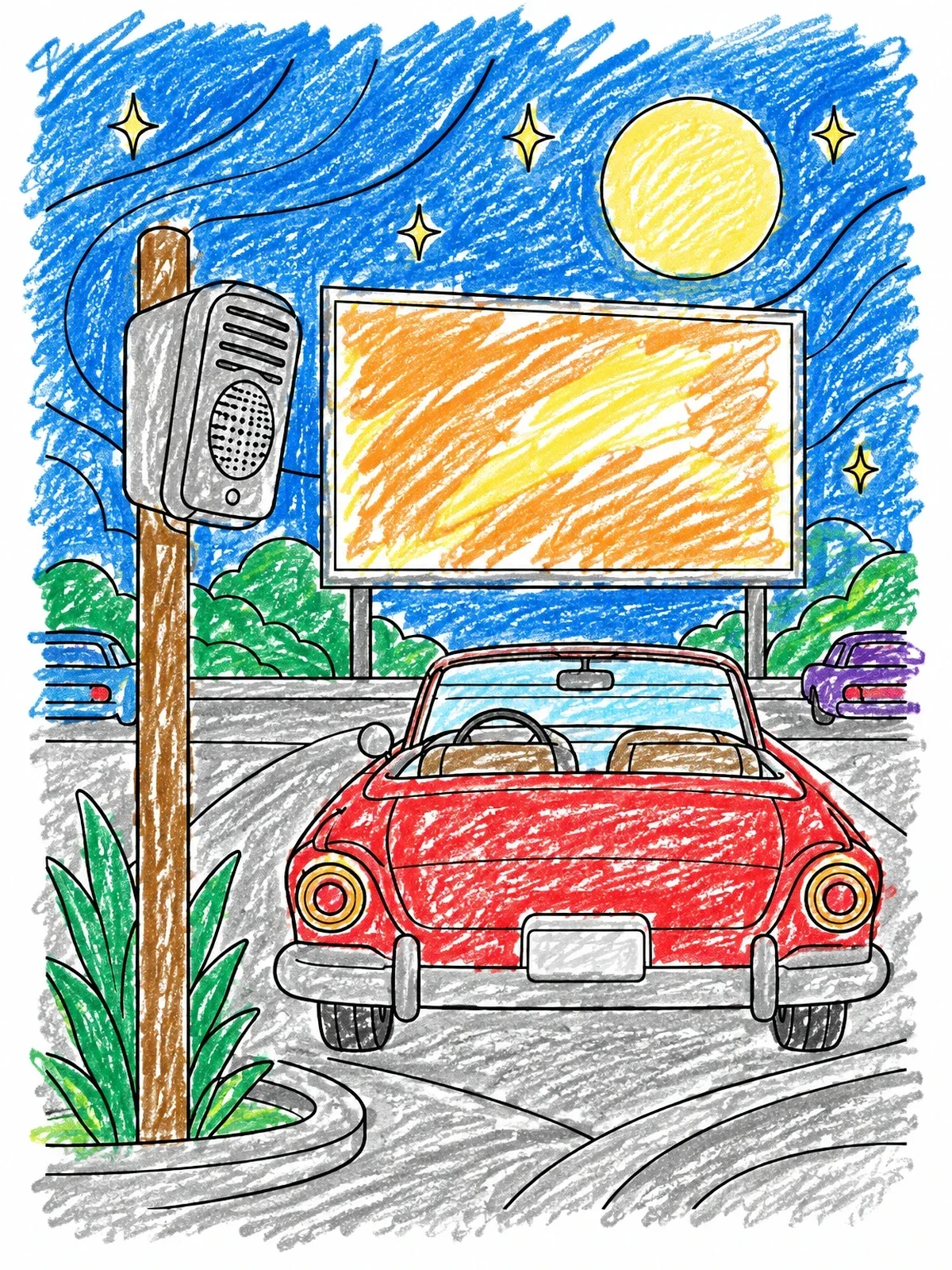 Colored example of the Vintage Drive In Movie Theater coloring page