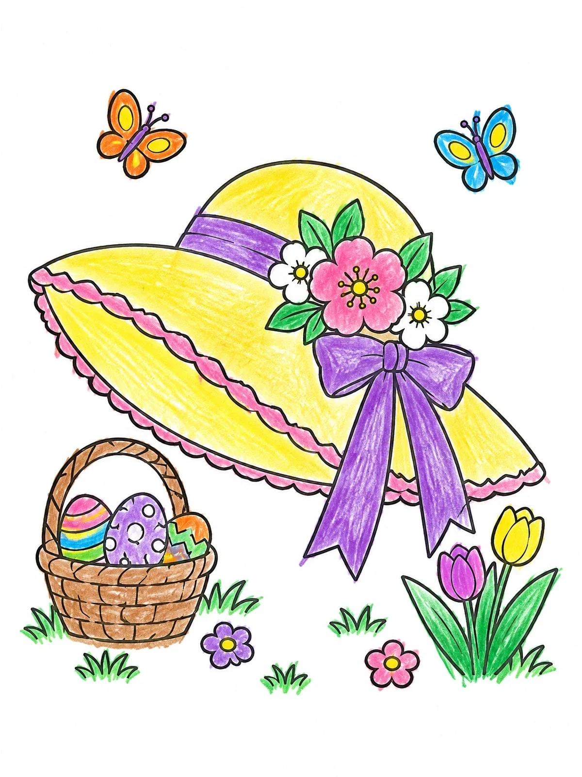 Colored example of the Vintage Easter Bonnet With Spring Flowers coloring page