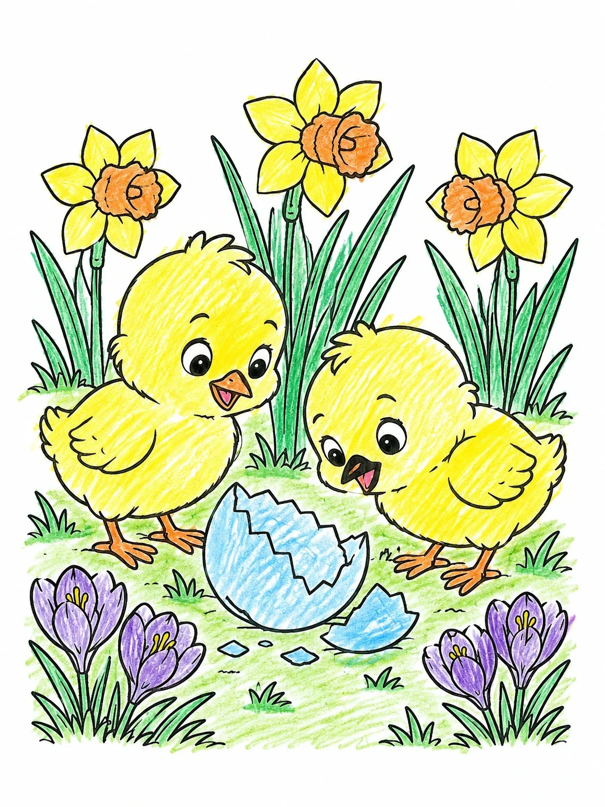 Colored example of the Chicks Inspecting A Cracked Eggshell coloring page