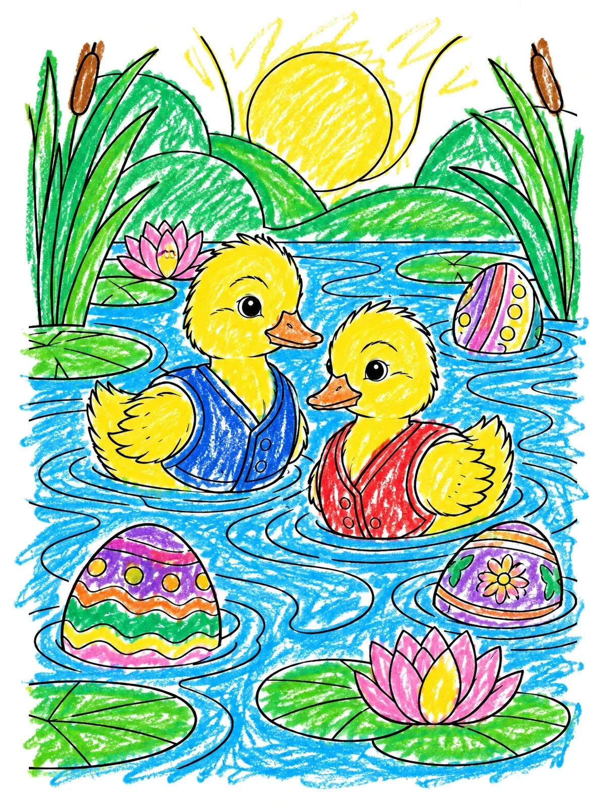 Colored example of the Ducklings In Vests With Floating Easter Eggs coloring page