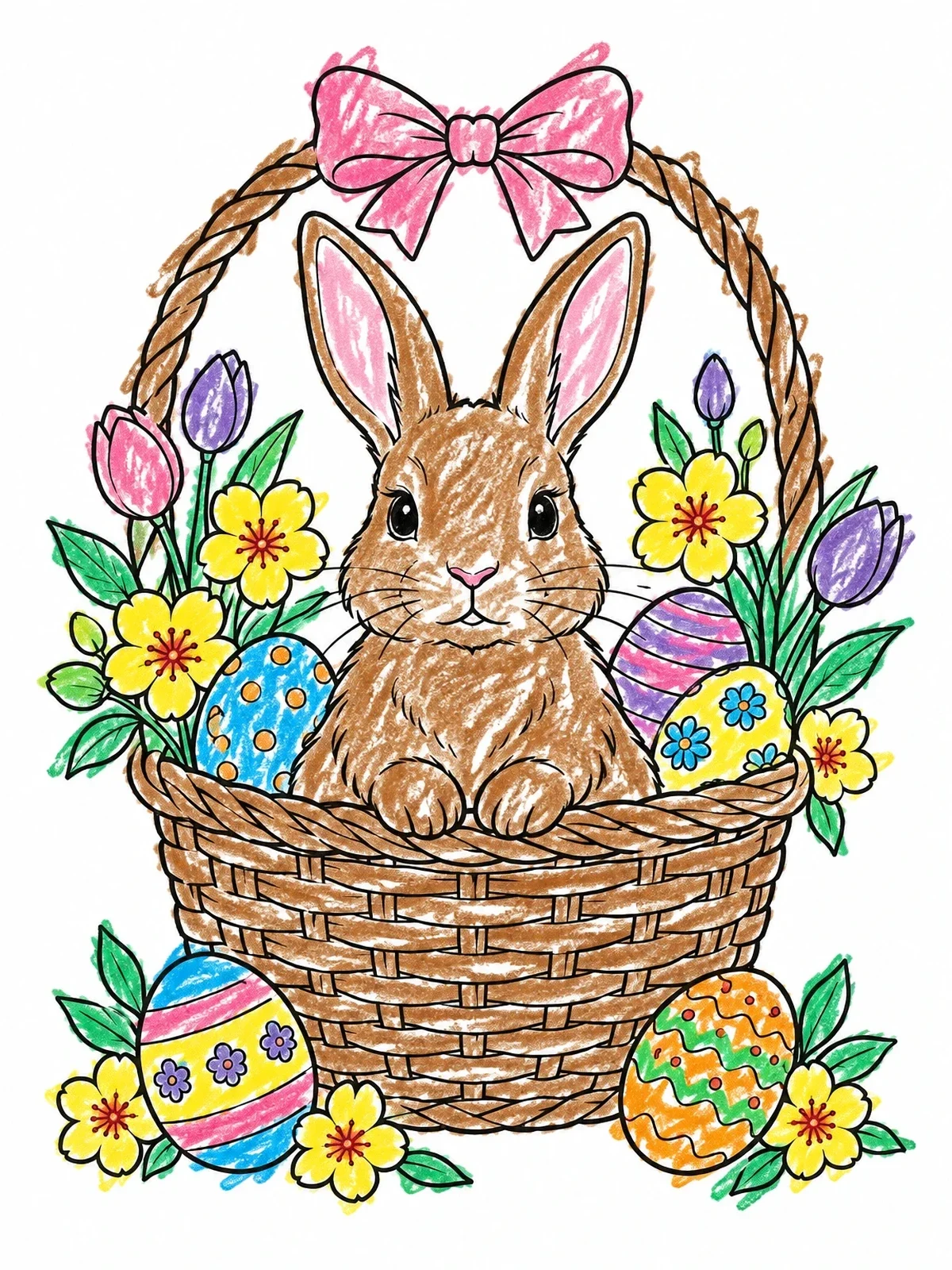 Colored example of the Easter Bunny In A Floral Basket coloring page
