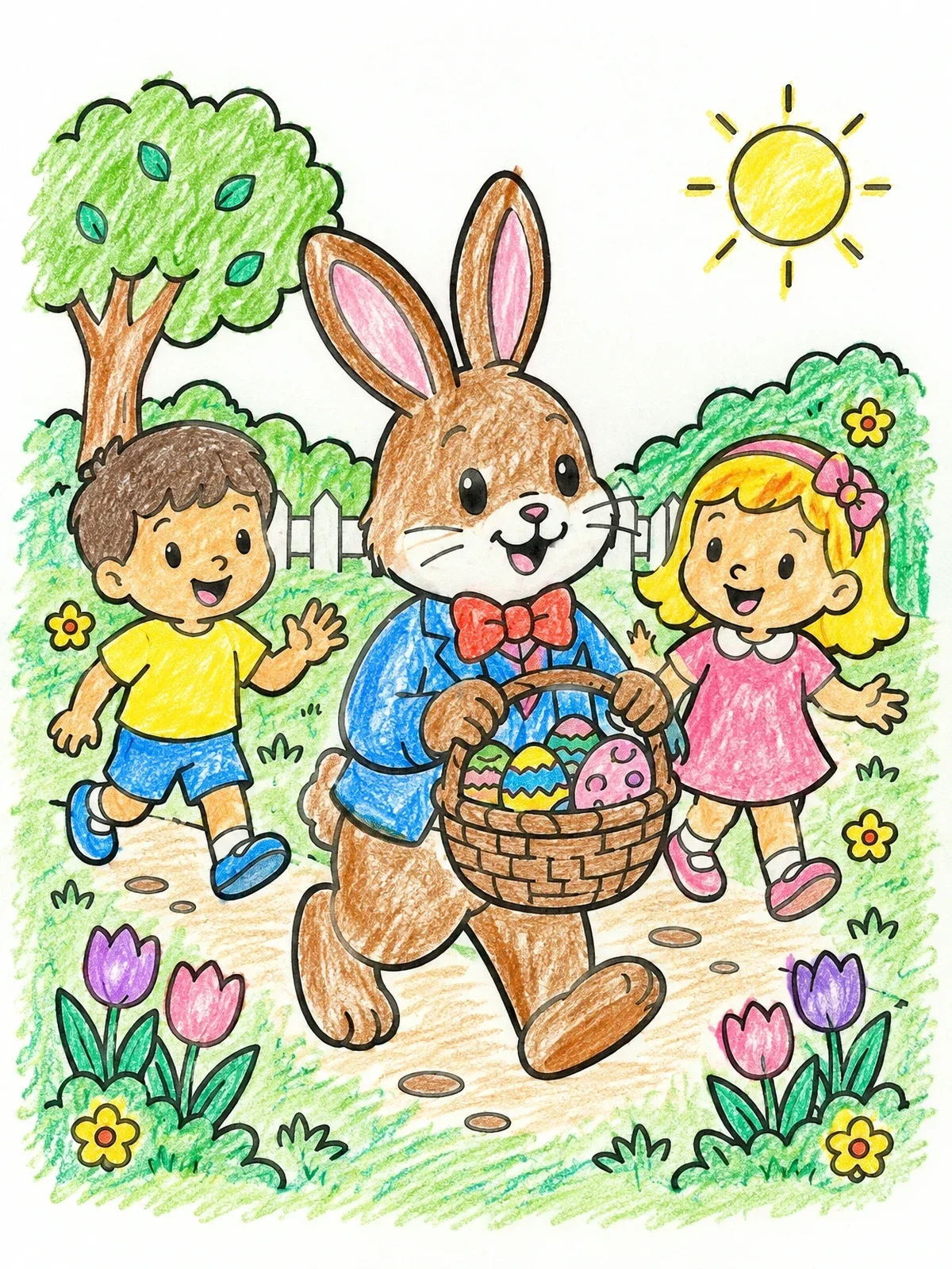 Colored example of the Easter Bunny Walking With Happy Children coloring page