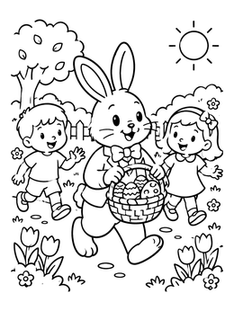 Free printable Easter Bunny Walking With Happy Children coloring page
