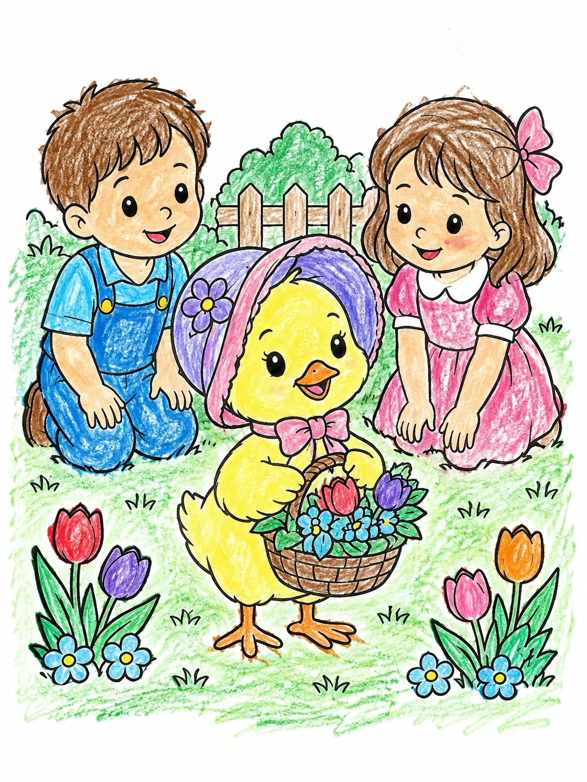 Colored example of the Easter Chick In Bonnet With Children coloring page