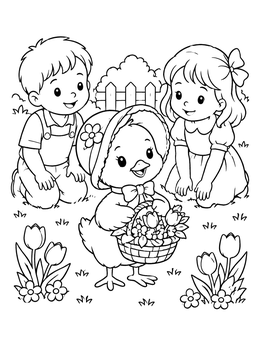Free printable Easter Chick In Bonnet With Children coloring page