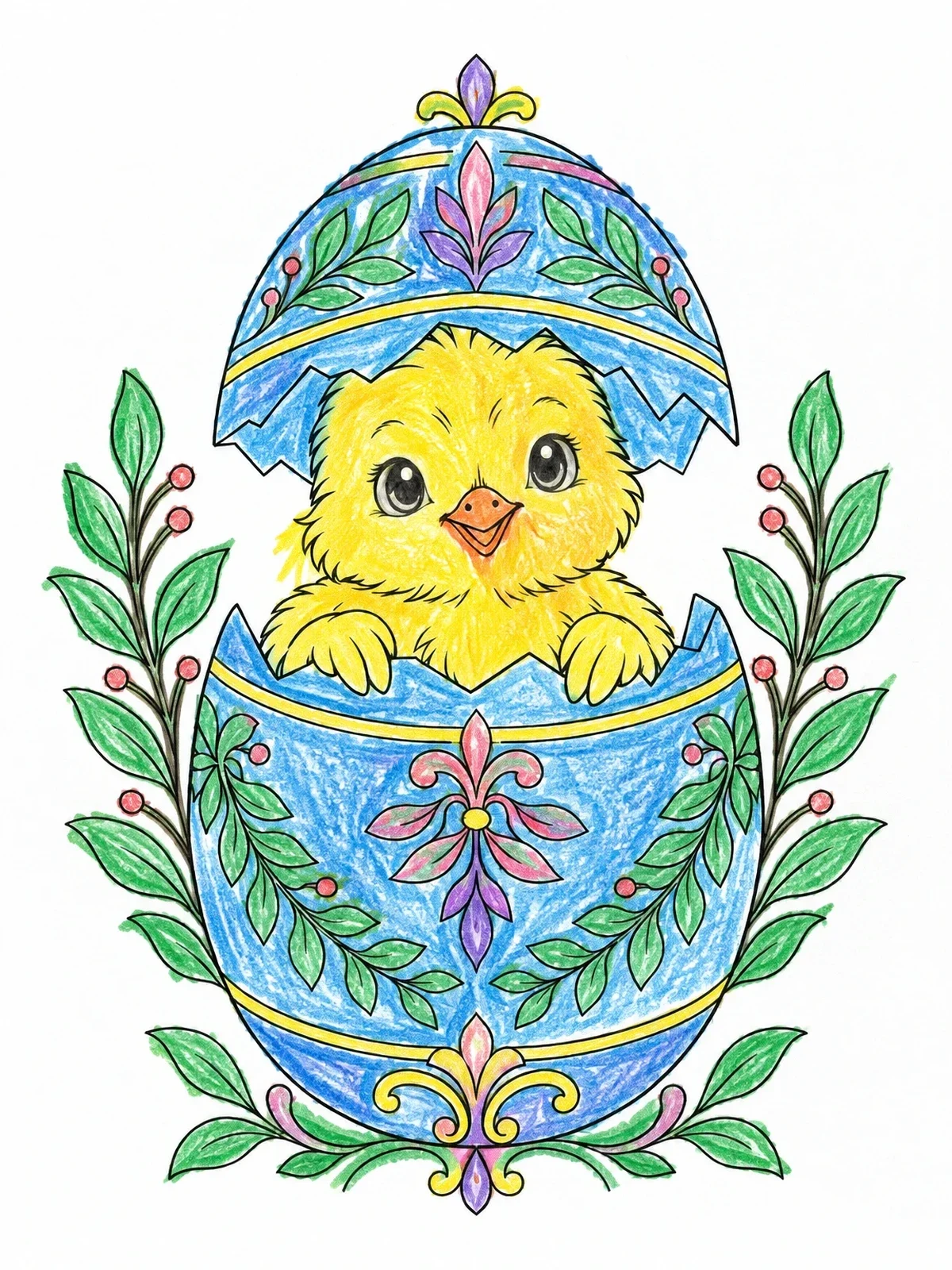 Colored example of the Fluffy Chick In Ornate Easter Egg coloring page