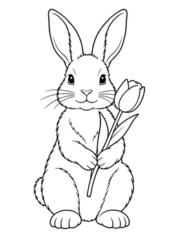 Free printable Fluffy Easter Bunny Holding A Tulip coloring page
