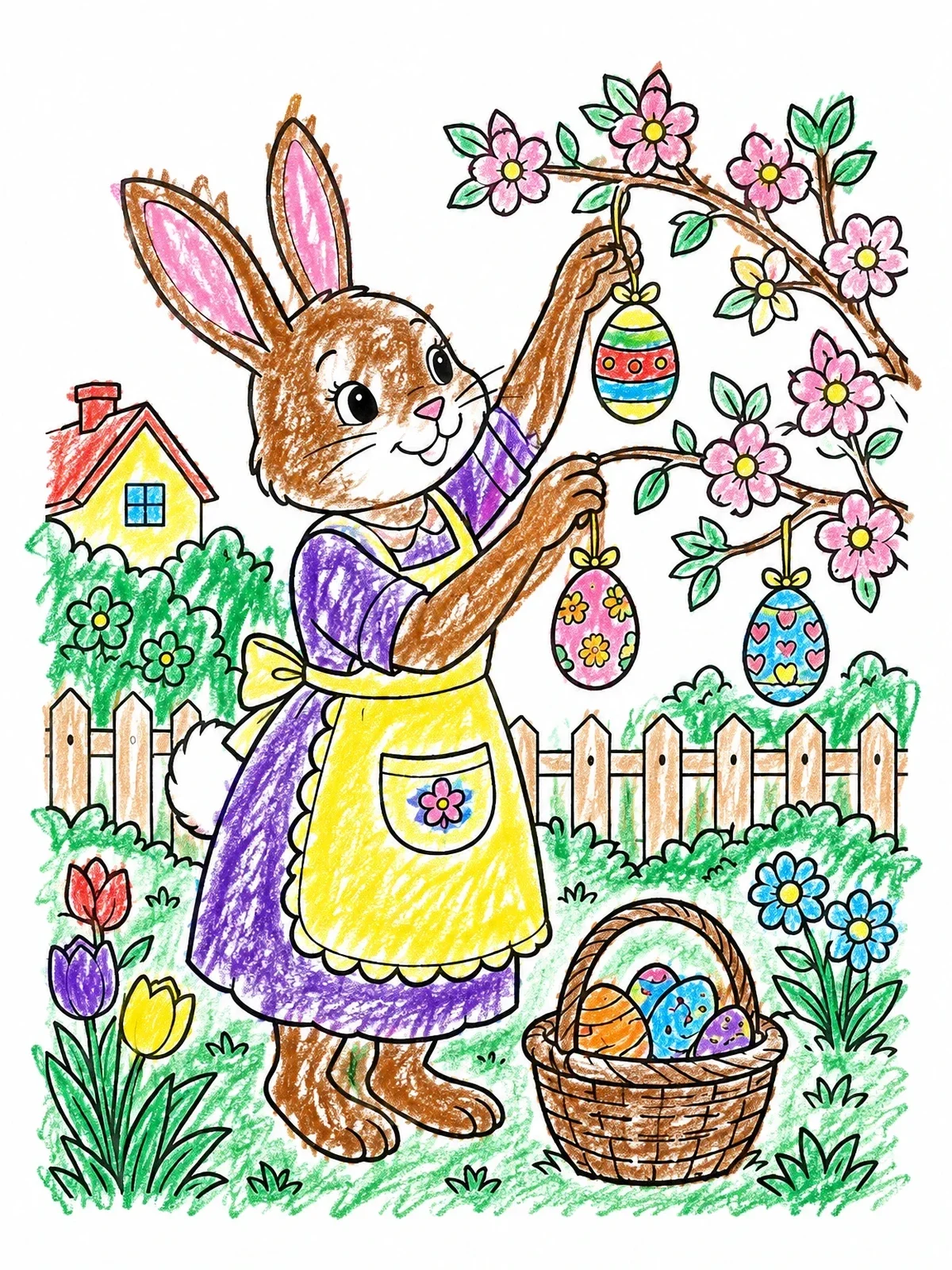 Colored example of the Mother Bunny Hanging Easter Eggs coloring page