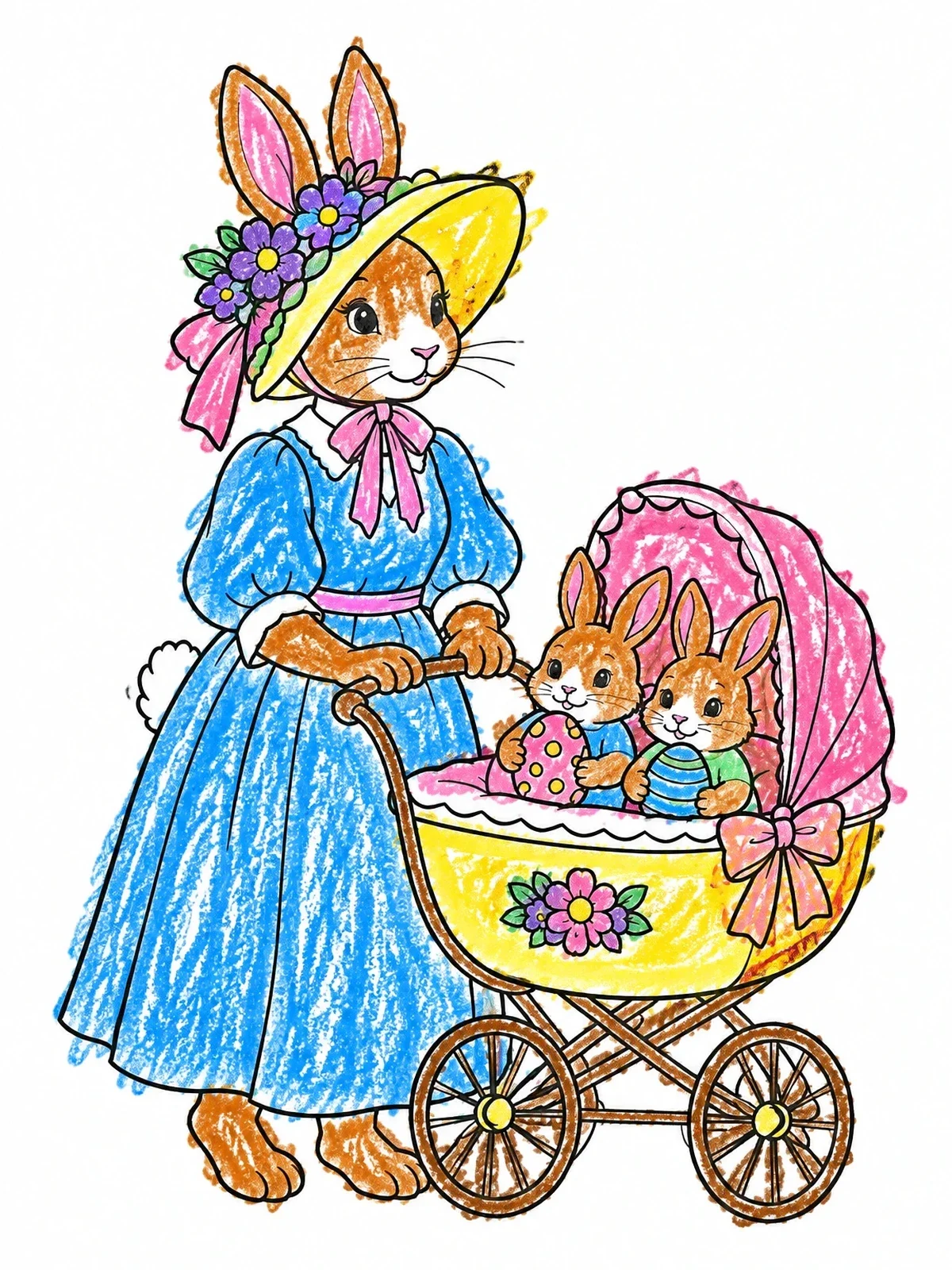 Colored example of the Mother Rabbit With Easter Stroller coloring page