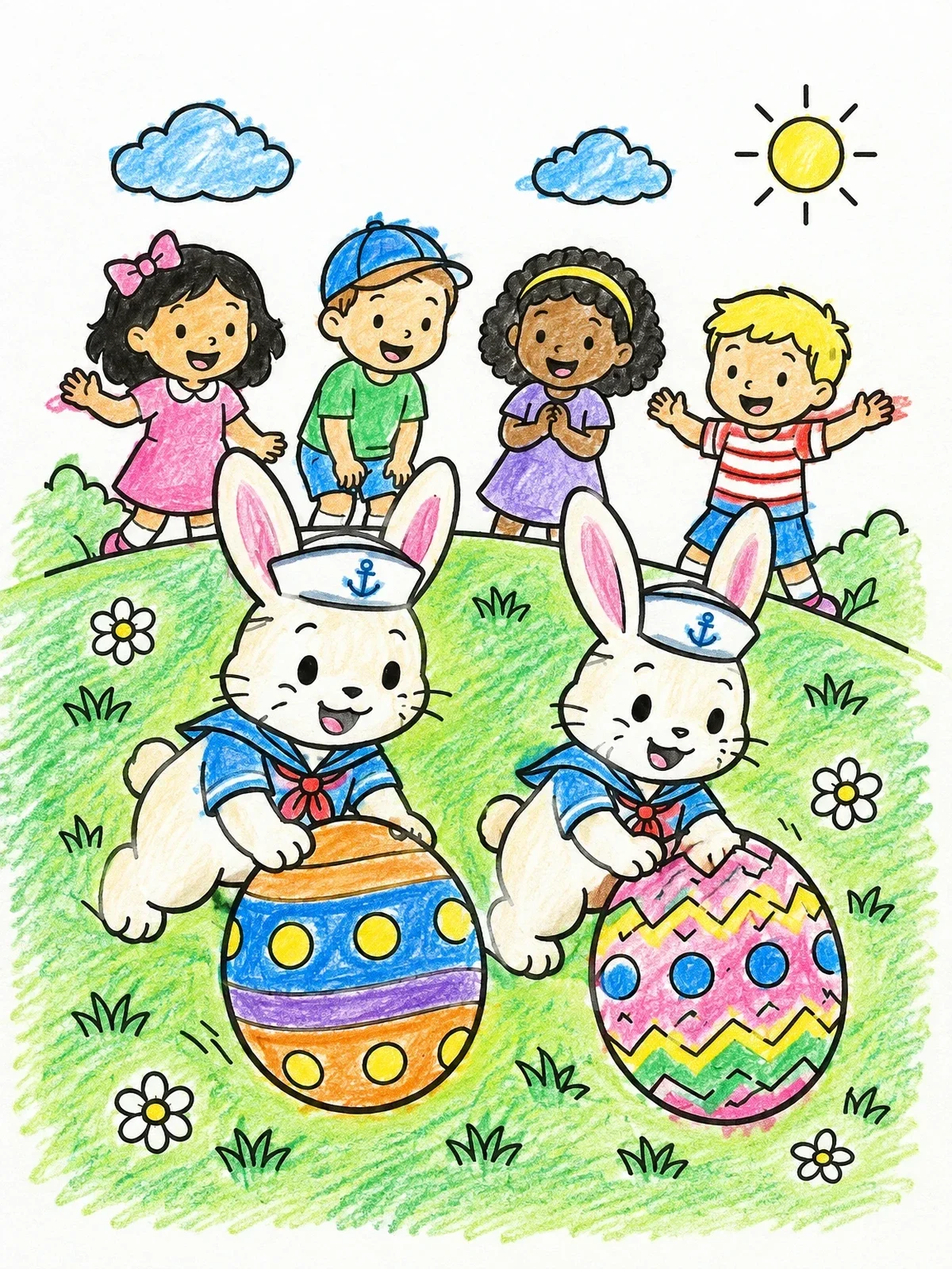 Colored example of the Sailor Bunnies Rolling Easter Eggs coloring page
