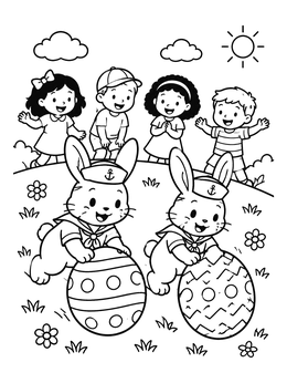 Free printable Sailor Bunnies Rolling Easter Eggs coloring page