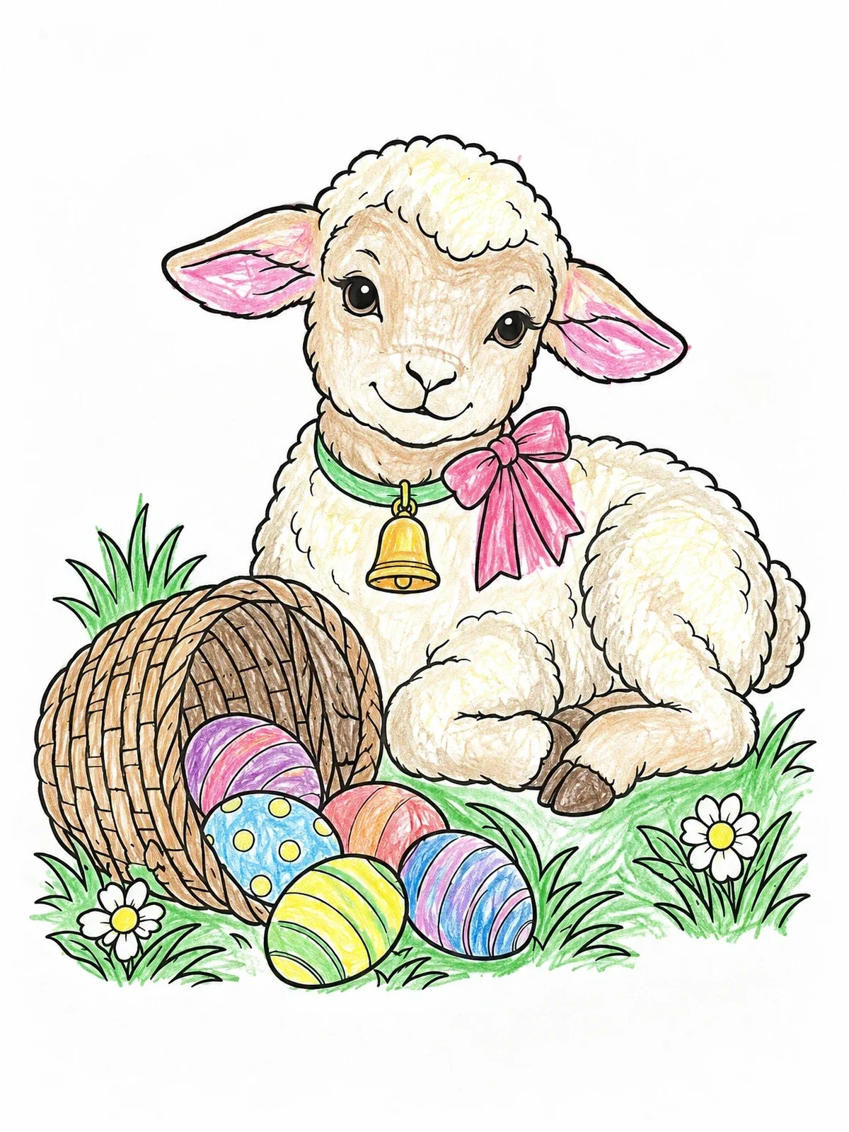 Colored example of the Sweet Easter Lamb With Egg Basket coloring page