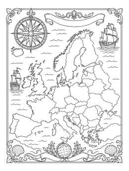 Free printable Vintage Map Of Europe With Compass coloring page