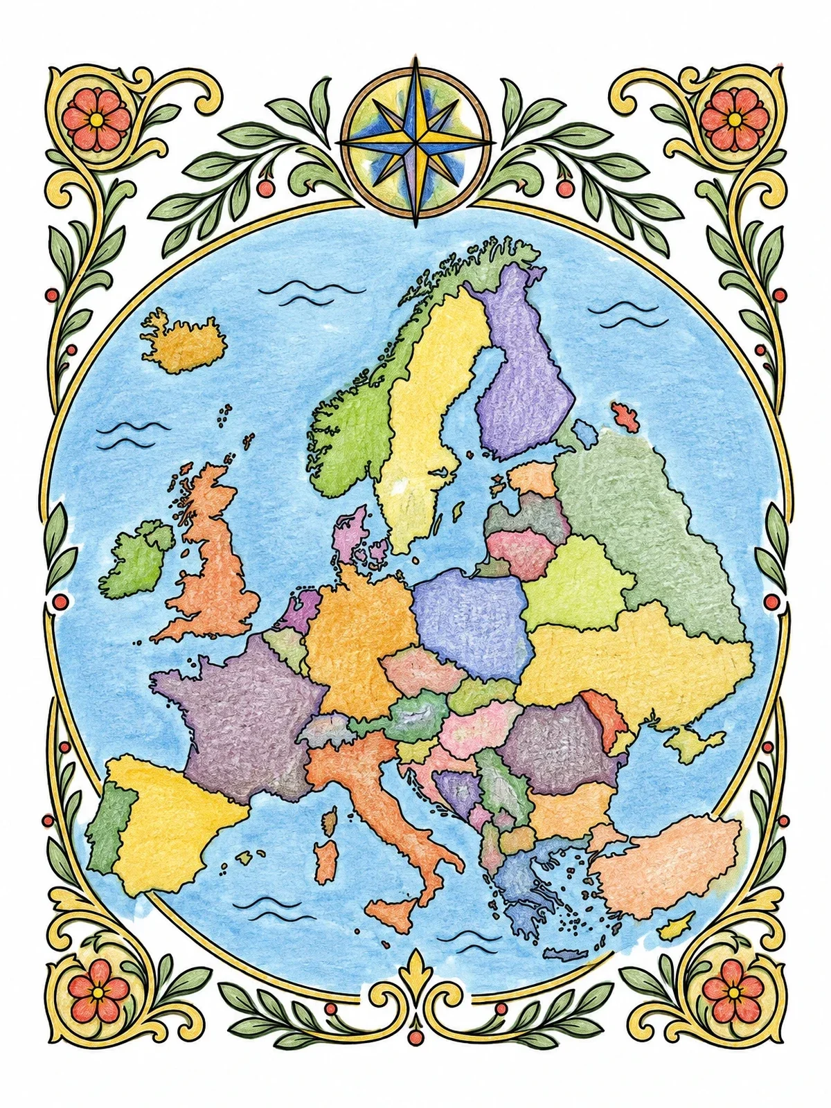 Colored example of the Vintage Map Of Europe Outline coloring page