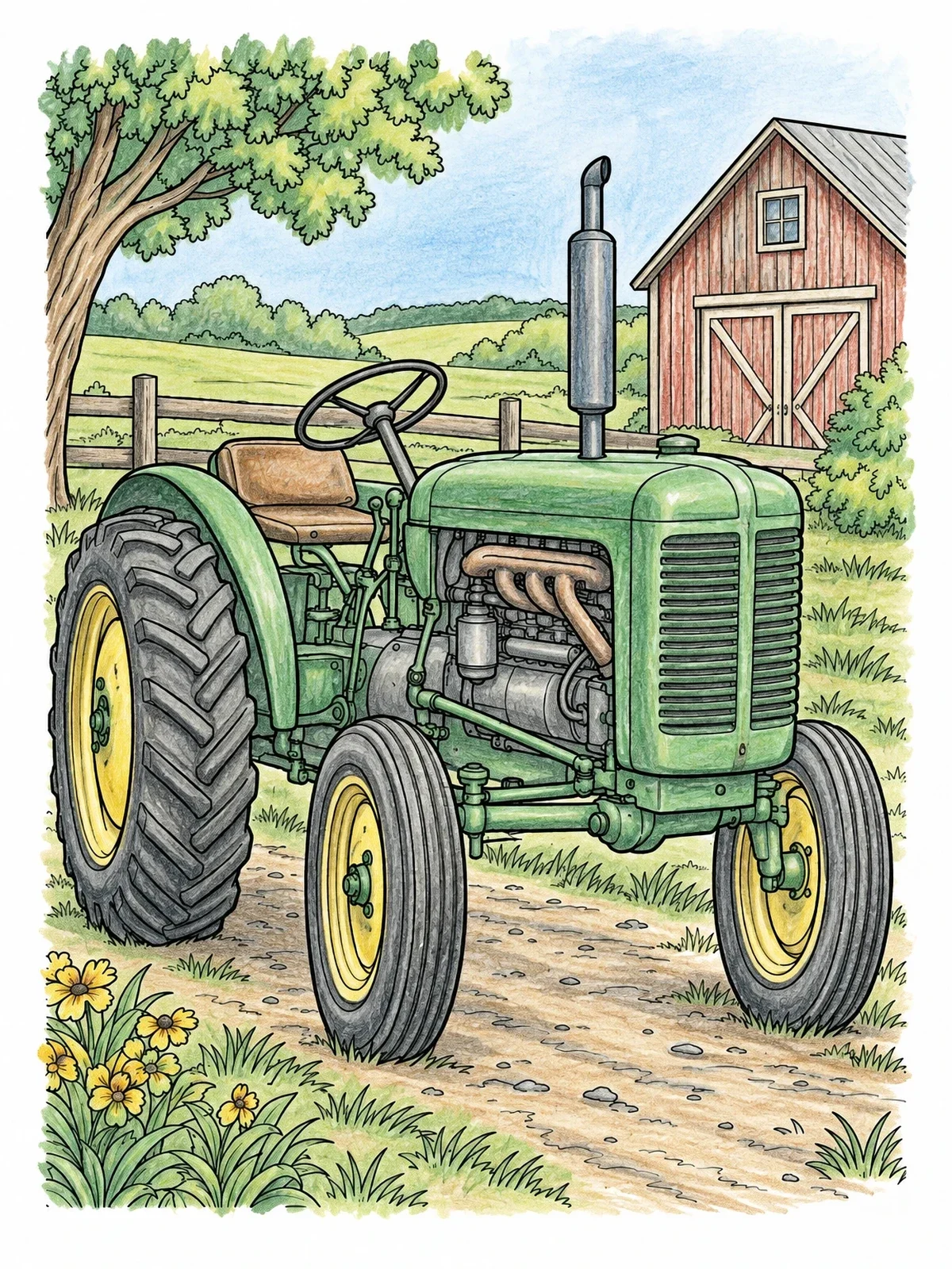 Colored example of the Vintage Farm Tractor By The Barn coloring page