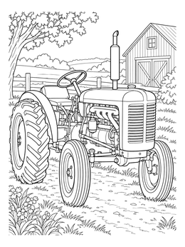 A detailed vintage tractor coloring page parked in front of a rustic farm barn and field.
