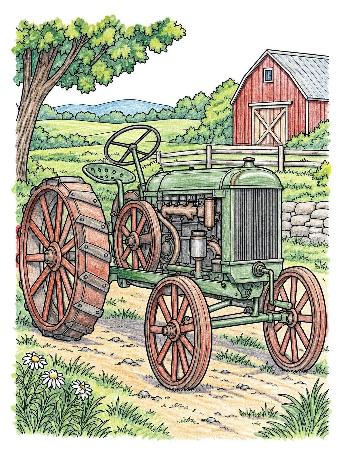 Colored example of the Vintage Farm Tractor With Spoke Wheels coloring page