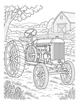 A detailed tractor coloring page showing an early vintage farm tractor beside a rustic barn.
