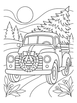 Vintage Farm Truck Carrying Christmas Tree coloring page