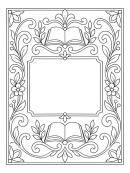 Vintage book cover coloring page featuring ornamental scrolls, floral borders, and open books.