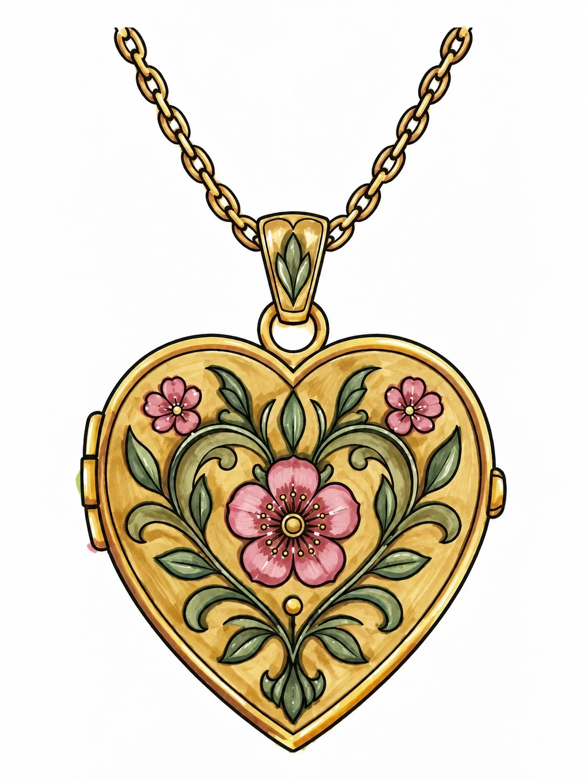 Colored example of the Vintage Floral Heart Locket Pendant coloring page