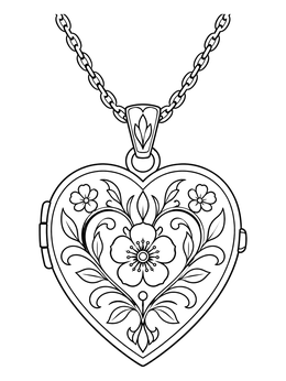 An ornate vintage valentine coloring page featuring an engraved heart-shaped locket on a chain.