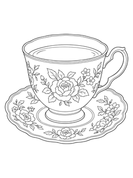 An ornate tea cup coloring page featuring detailed rose patterns on a matching saucer.