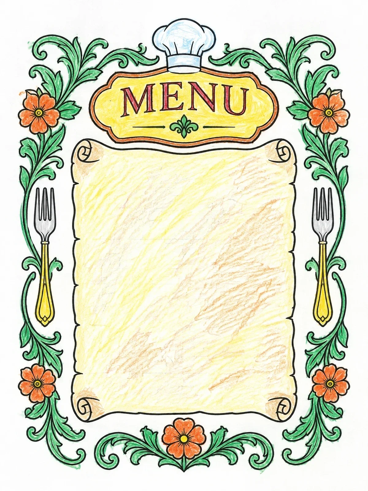 Colored example of the Vintage Floral Restaurant Menu Border coloring page