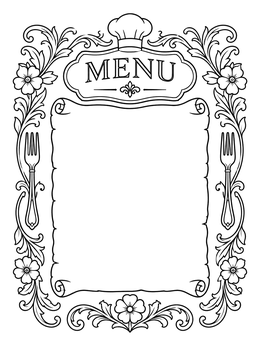 Vintage restaurant menu coloring page framed by flowers, forks, and a chef hat.