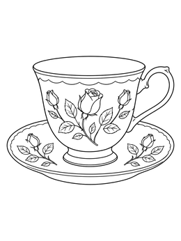 A vintage rose-patterned tea cup coloring page with saucer.