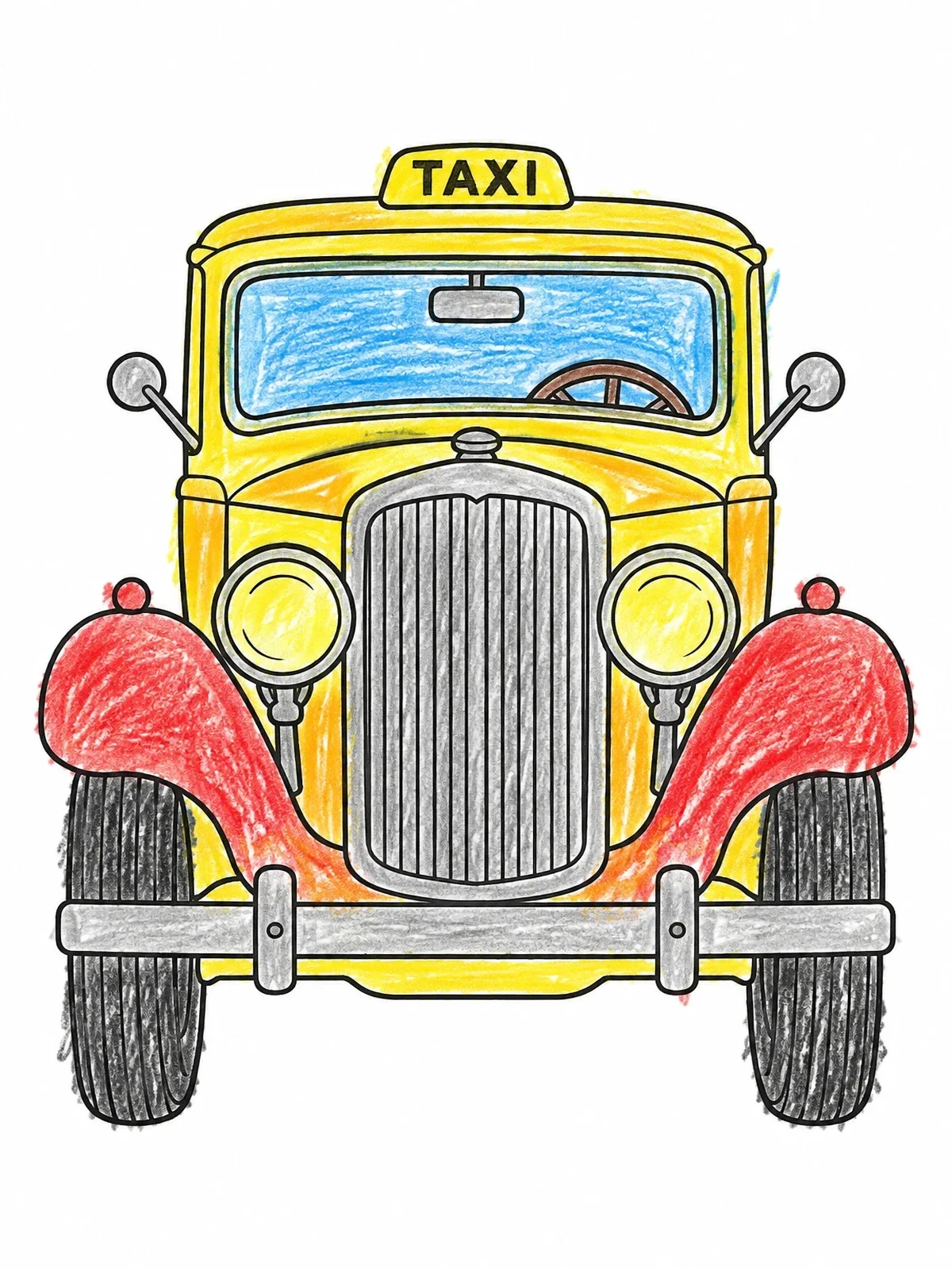 Colored example of the Vintage Front View Taxi Cab coloring page