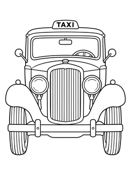 Vintage taxi coloring page showing a front view of an antique cab with round headlights and a roof sign.