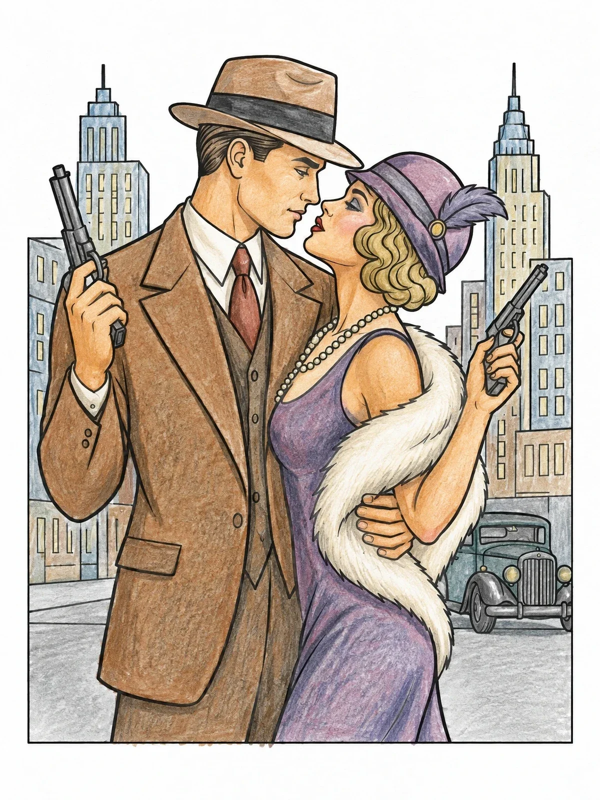 Colored example of the Vintage Mobster Couple In The City coloring page