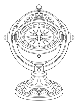 An ornate vintage binnacle compass coloring page with gimbal rings on a decorative stand.