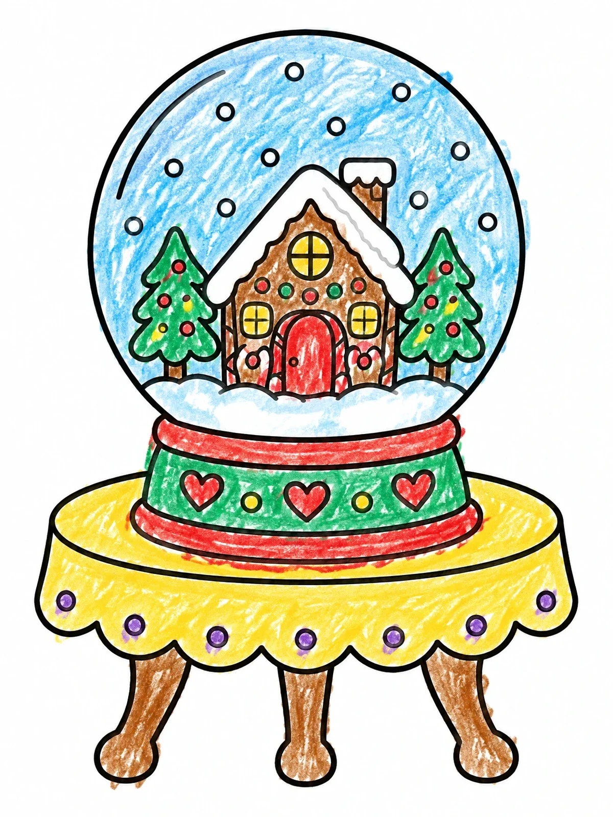 Colored example of the Gingerbread Cottage Snow Globe On Table coloring page