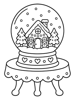 Free printable Gingerbread Cottage Snow Globe On Table coloring page