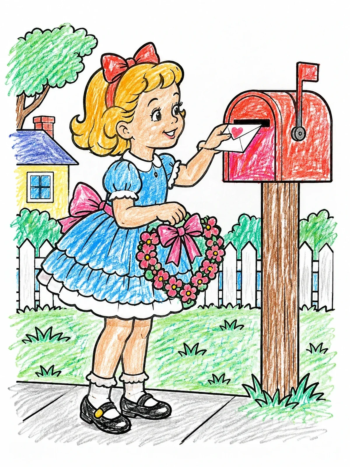 Colored example of the Vintage Girl Mailing A Valentine Letter coloring page
