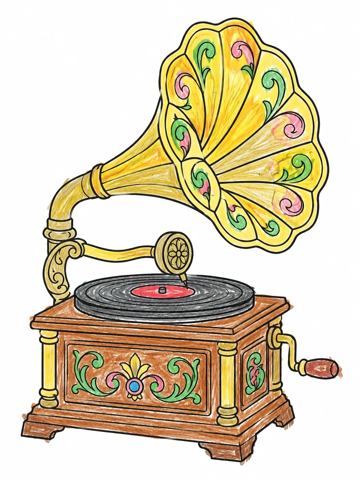 Colored example of the Vintage Gramophone With Floral Horn coloring page