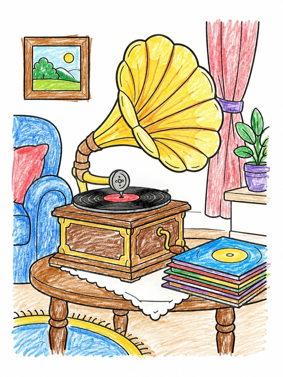 Colored example of the Vintage Gramophone With Vinyl Records coloring page