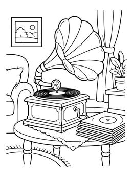 Free printable Vintage Gramophone With Vinyl Records coloring page