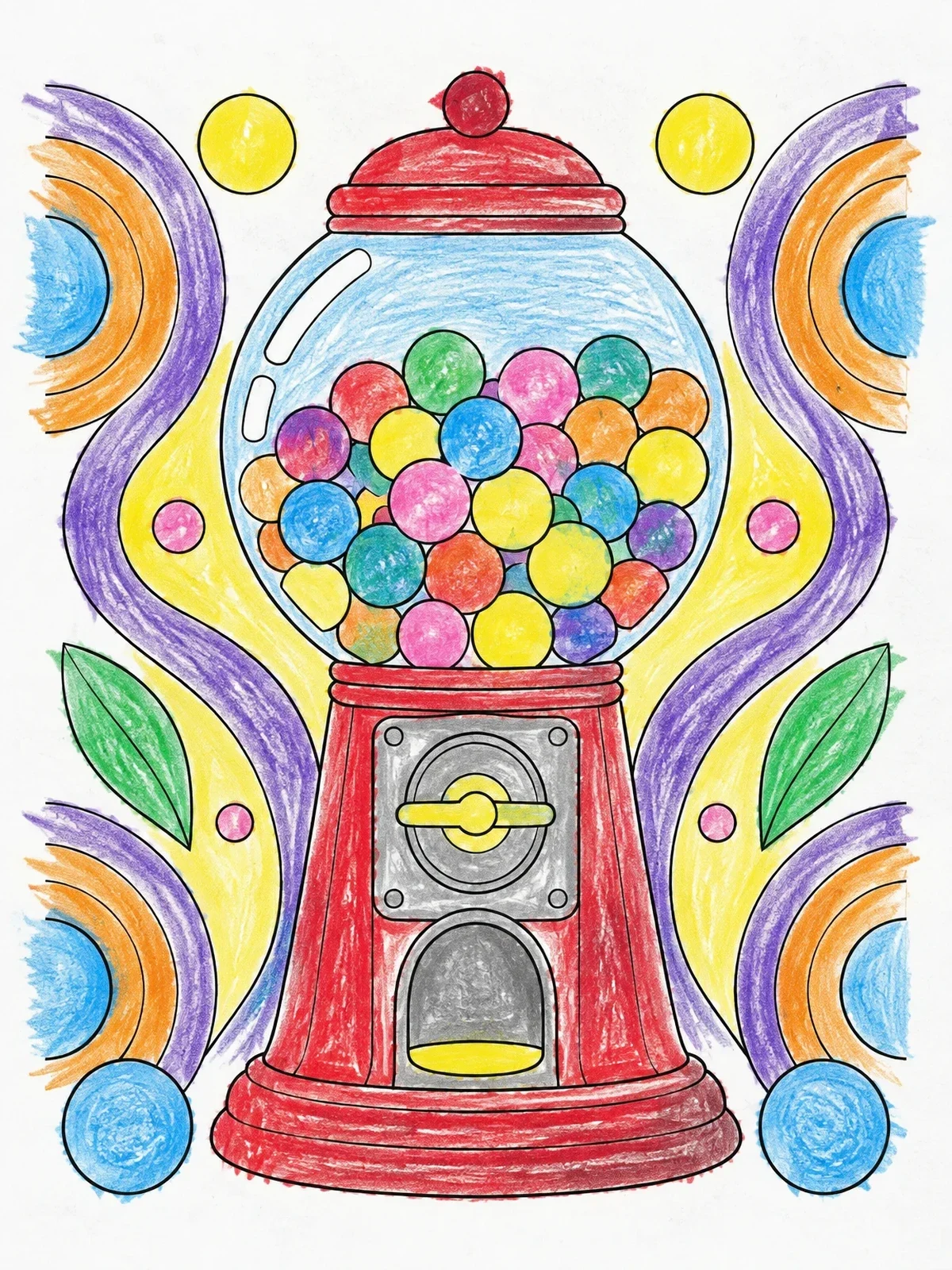 Colored example of the Vintage Gumball Machine With Abstract Background coloring page