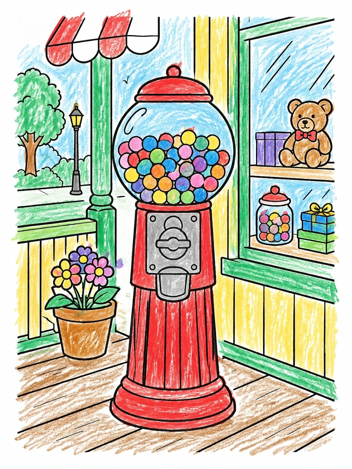 Colored example of the Vintage Gumball Machine By The Shop coloring page