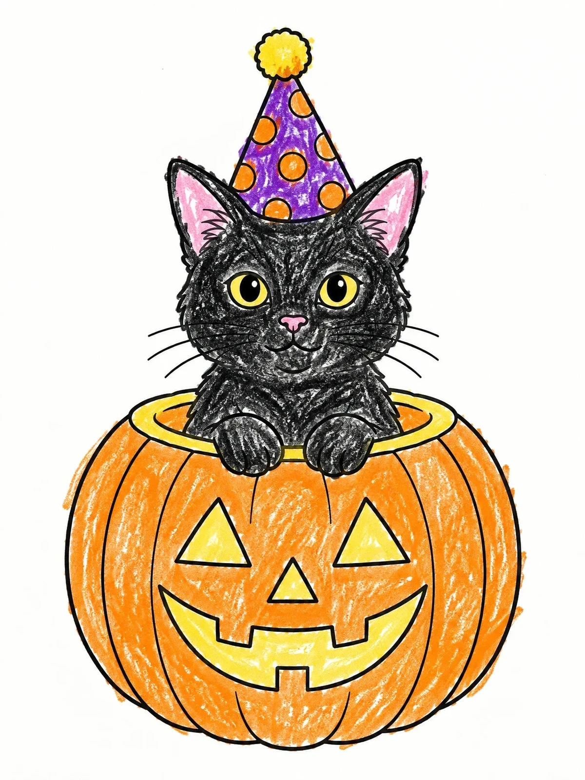 Colored example of the Cute Cat In A Jack O' Lantern coloring page